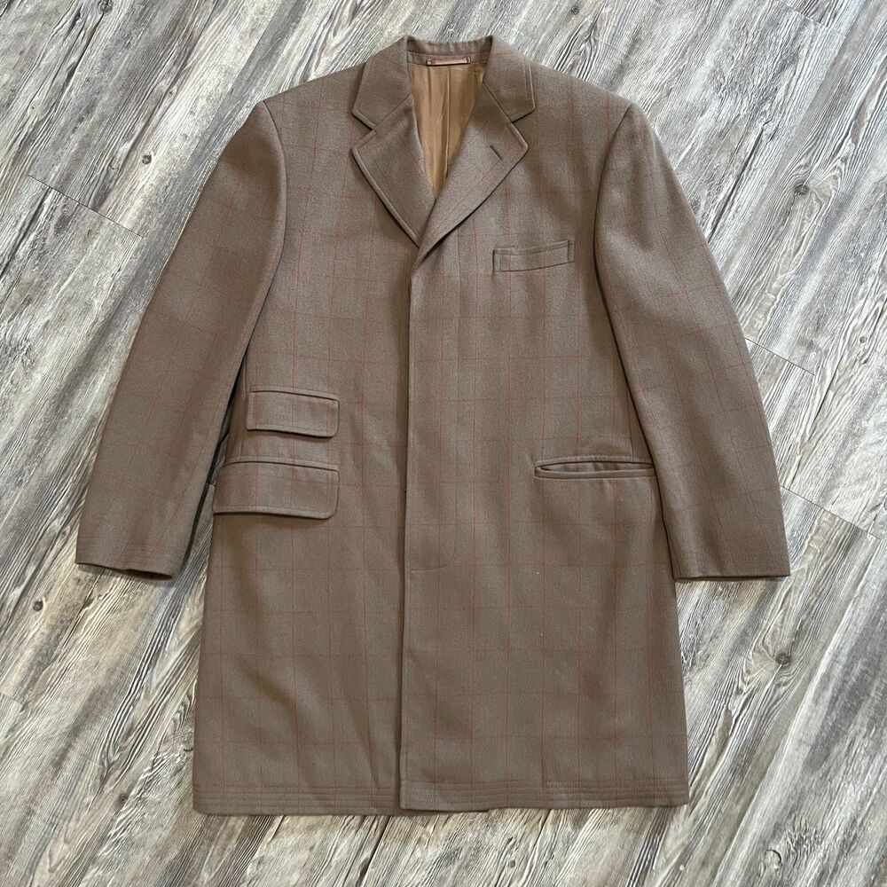 Façonnable Made in Italy Virgin Wool Brown Windowpane Overcoat Men’s Size 52R Eu